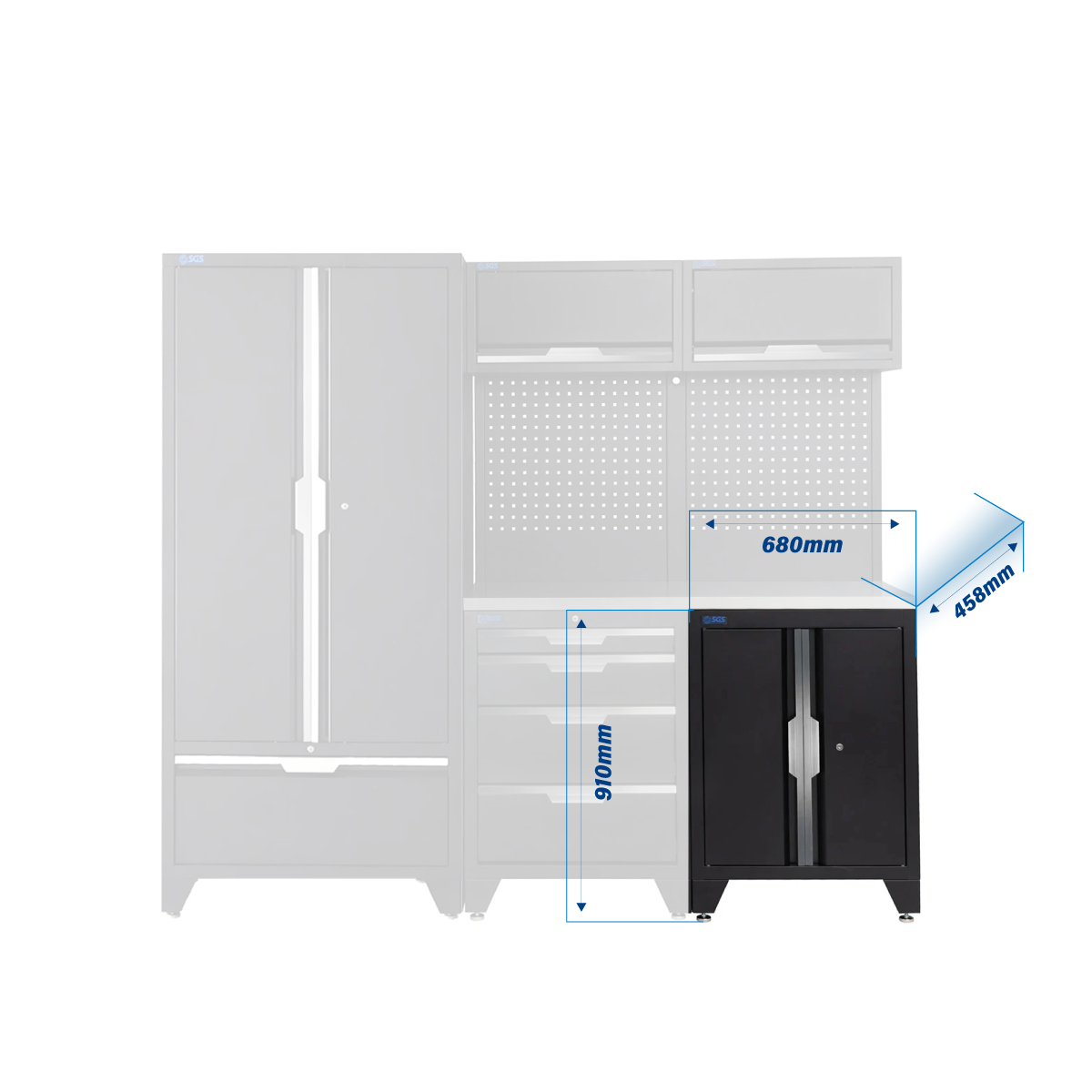 SGS 7pc Modular Garage Storage | 4 Drawers | Stainless Steel Worktop | Floor Cabinet | 2x Upper Cabinets | Tall Double Cabinet with Drawer